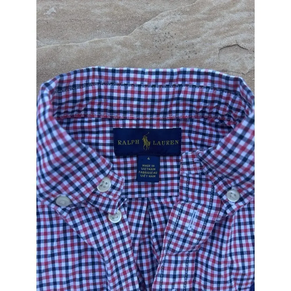 Ralph Lauren Long Sleeve Button Down Shirt Red White Blue Plaid Boys Sz 4 Cotton